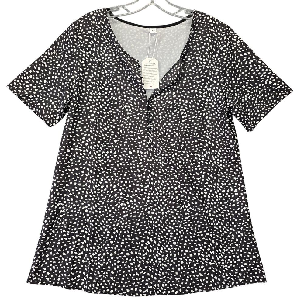 Black White Shirt NEW Women Size L Spotted Short Sleeve Button Up Round Neck Top